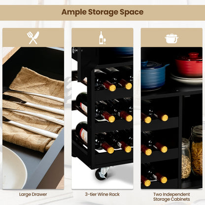 Rolling Kitchen Cart with 3 Tier Wine Racks and Cupboards-Black