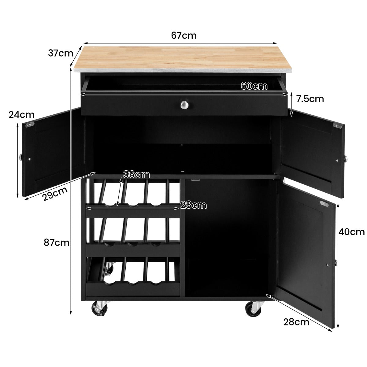 Rolling Kitchen Cart with 3 Tier Wine Racks and Cupboards-Black