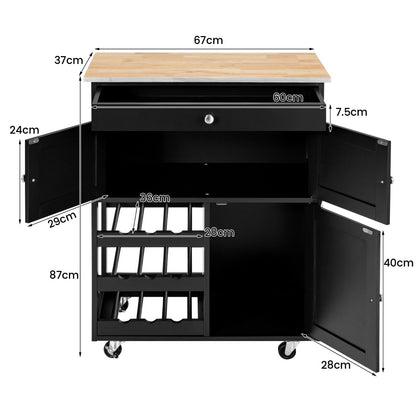 Rolling Kitchen Cart with 3 Tier Wine Racks and Cupboards-Black