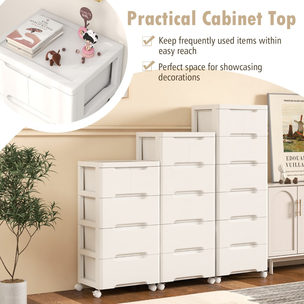 Rolling Storage Cabinet with 5/7 Drawers and Wheels-White-6 Tiers