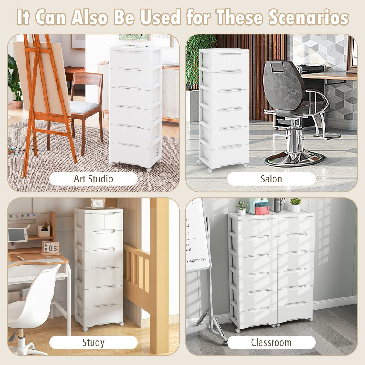 Rolling Storage Cabinet with 5/7 Drawers and Wheels-White-6 Tiers
