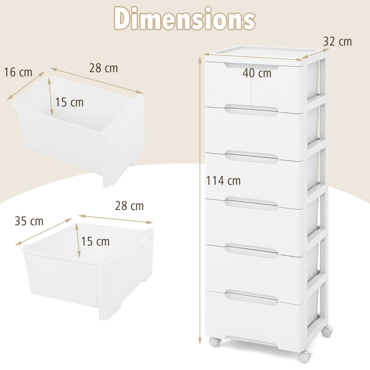 Rolling Storage Cabinet with 5/7 Drawers and Wheels-White-6 Tiers