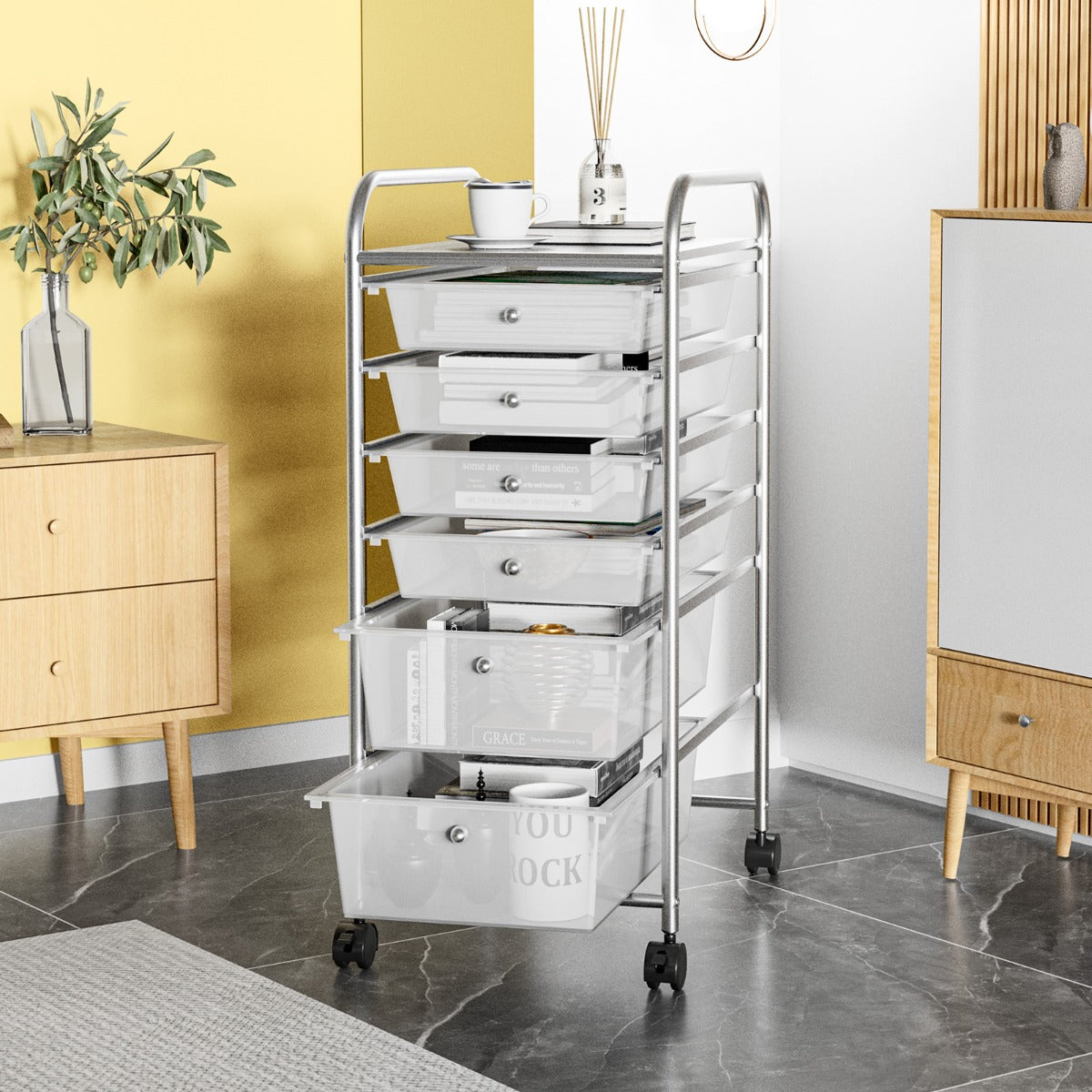 Rolling Storage Cart with Removable Drawers and Lockable Wheels for Home Office School-White