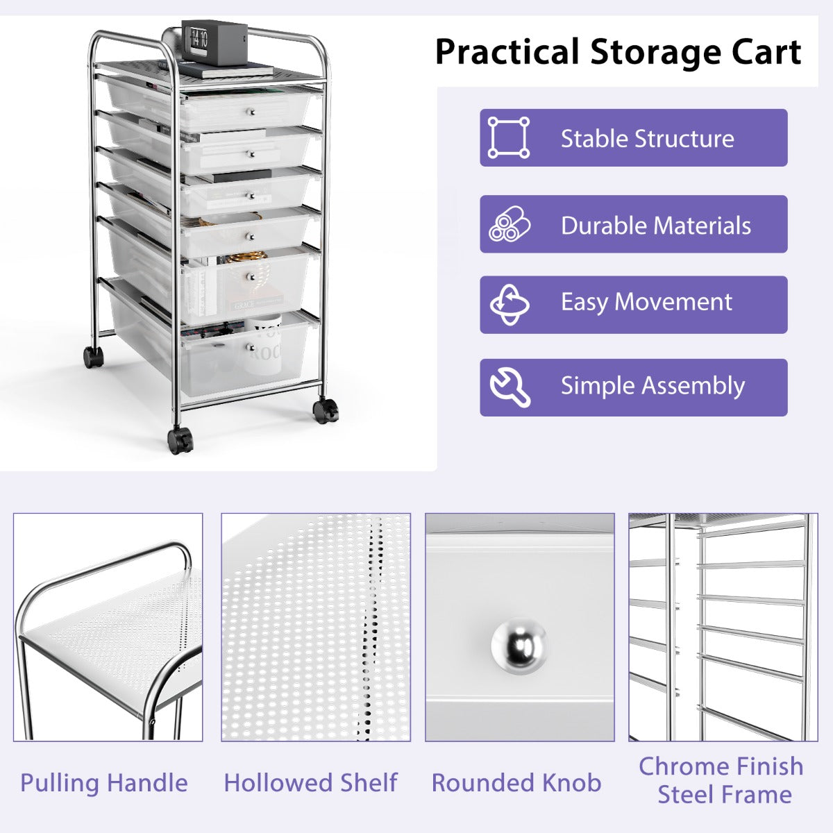 Rolling Storage Cart with Removable Drawers and Lockable Wheels for Home Office School-White