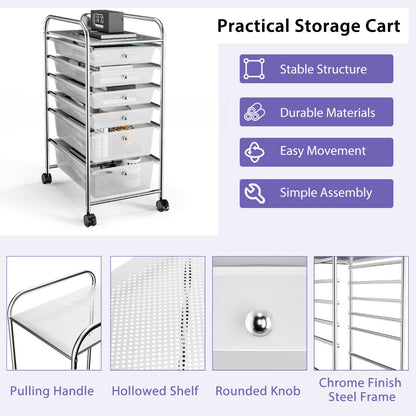 Rolling Storage Cart with Removable Drawers and Lockable Wheels for Home Office School-White