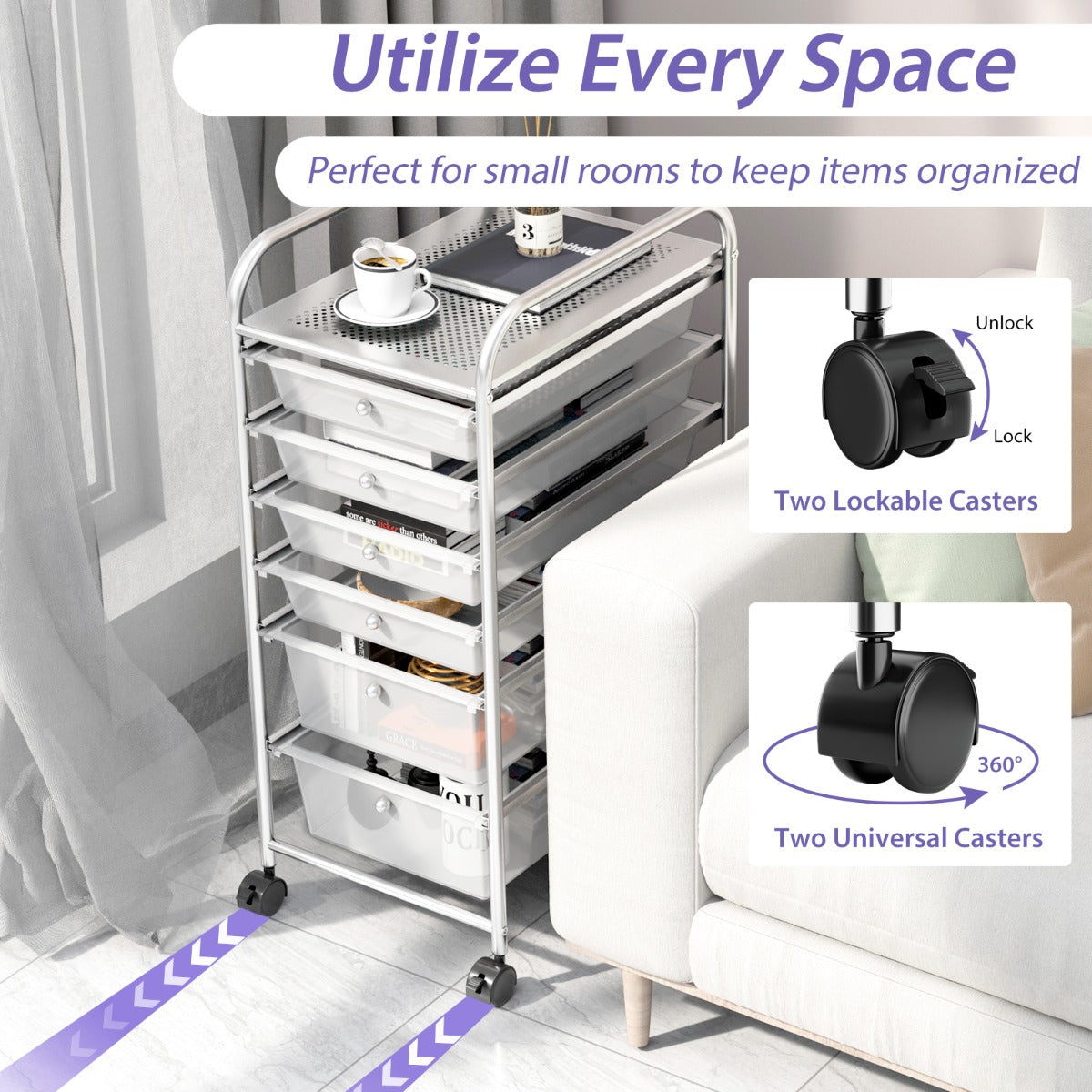 Rolling Storage Cart with Removable Drawers and Lockable Wheels for Home Office School-White