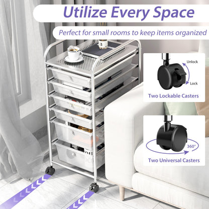 Rolling Storage Cart with Removable Drawers and Lockable Wheels for Home Office School-White