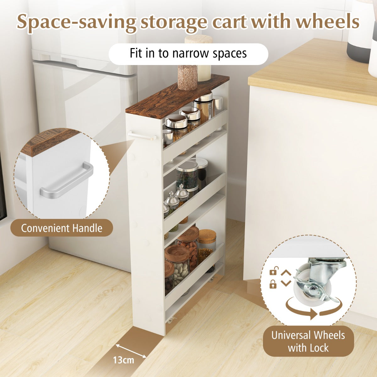 Costway Slim Rolling Storage Cart for Kitchen Bathroom Laundry Small Places-Brown