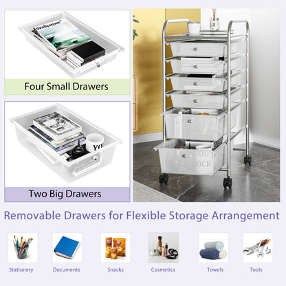 Rolling Storage Cart with Removable Drawers and Lockable Wheels for Home Office School-White