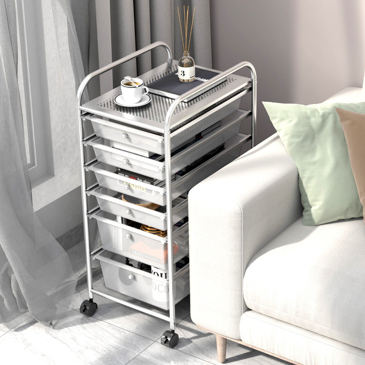 Rolling Storage Cart with Removable Drawers and Lockable Wheels for Home Office School-White