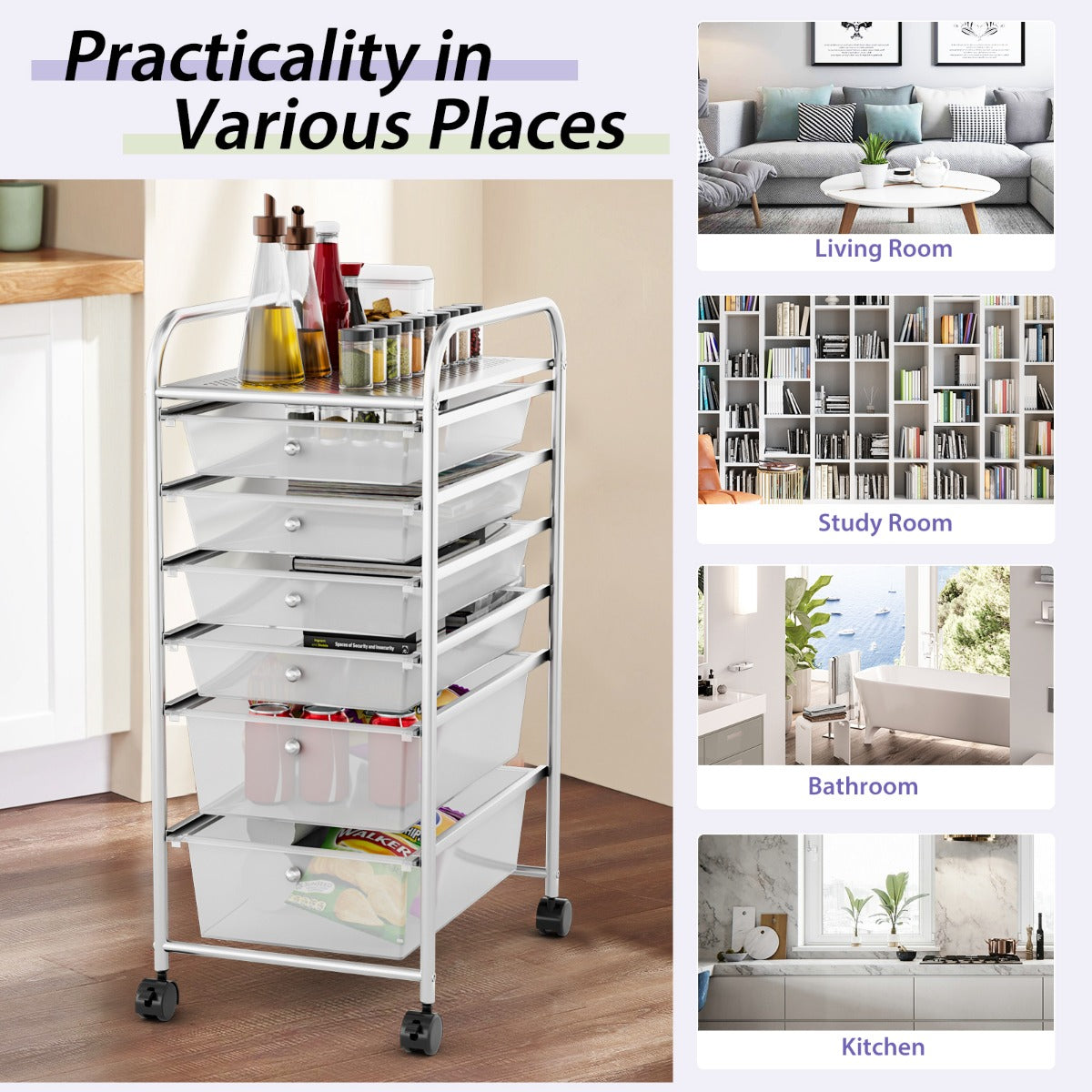 Rolling Storage Cart with Removable Drawers and Lockable Wheels for Home Office School-White