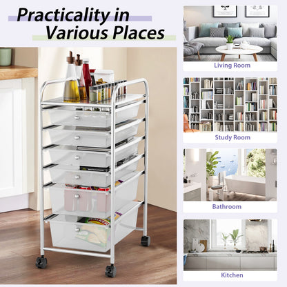 Rolling Storage Cart with Removable Drawers and Lockable Wheels for Home Office School-White