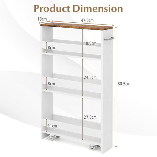 Slim four-tier storage cart with rolling wheels, open shelves, protective bars, and a convenient side handle