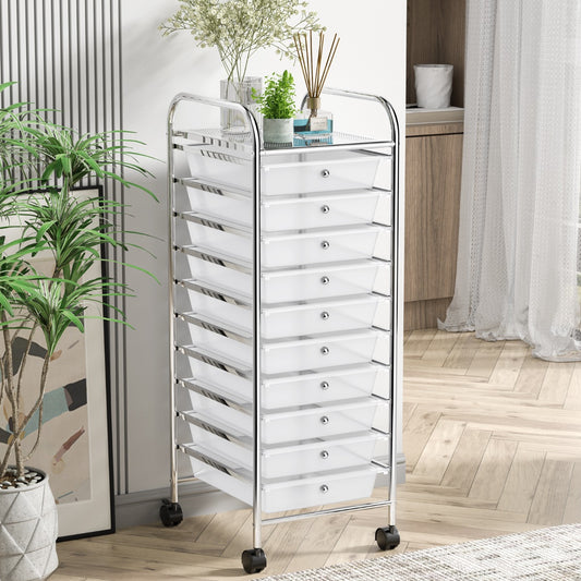 10 Drawers Rolling Storage Trolley Organizer Cart with Wheels-Transparent