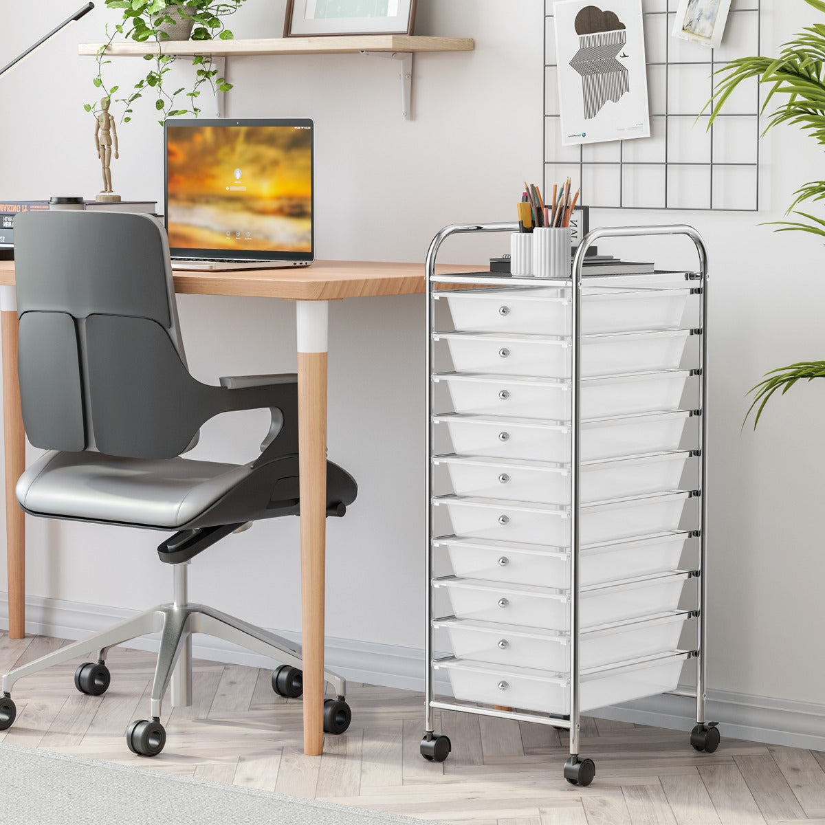 10 Drawers Rolling Storage Trolley Organizer Cart with Wheels-Transparent