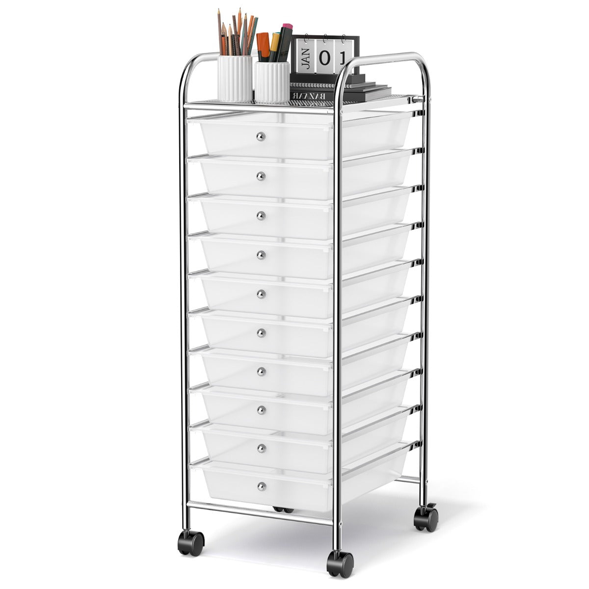10 Drawers Rolling Storage Trolley Organizer Cart with Wheels-Transparent