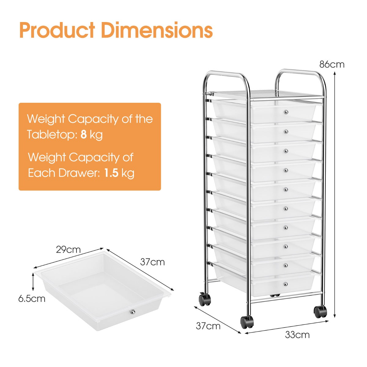 10 Drawers Rolling Storage Trolley Organizer Cart with Wheels-Transparent