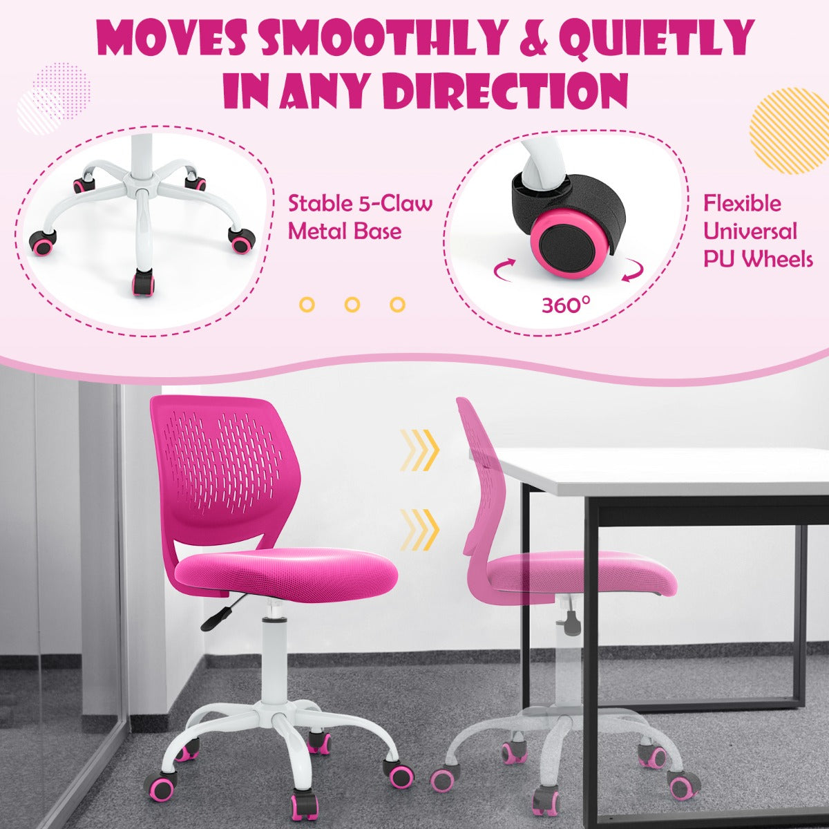 Adjustable Mid Back Children Study Chair with Adjustable Height for Office-Pink