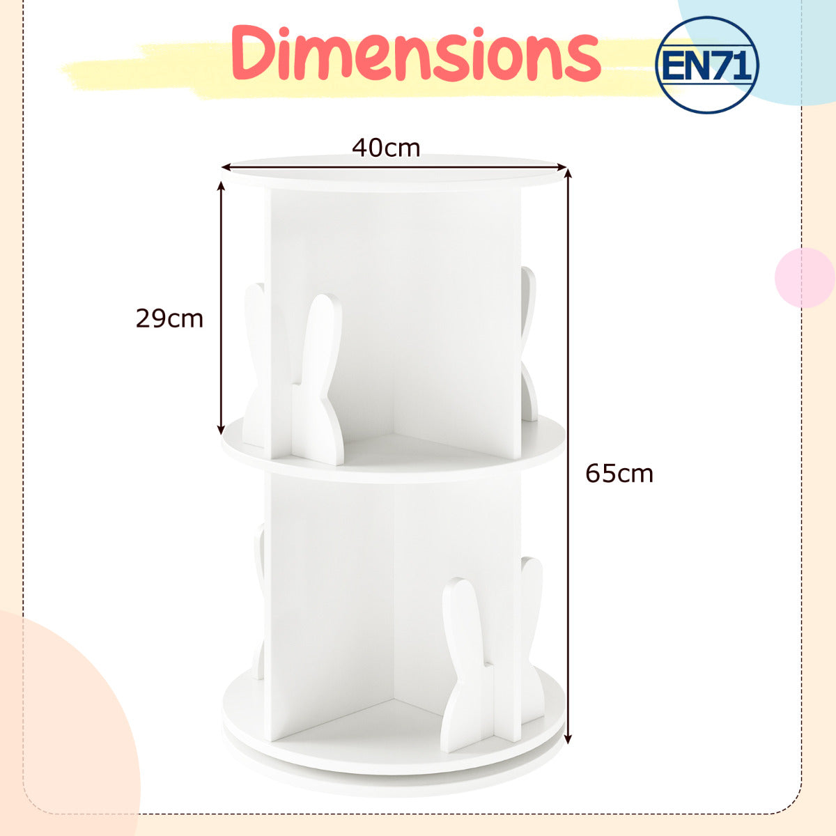 Rotating Bookshelf Cute 2-tier Kids Bookcase with Bunny Baffles-White
