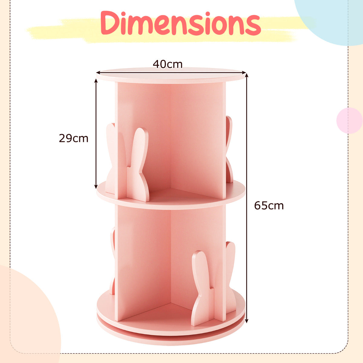 Rotating Bookshelf Cute 2-tier Kids Bookcase with Bunny Baffles-Pink