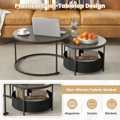 Round Coffee Table Set of 2 with Fabric Storage Basket and Metal Frame-Grey