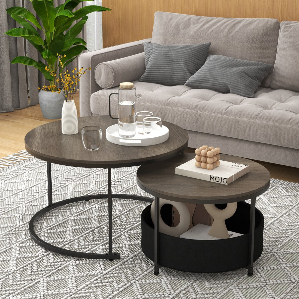 Round Coffee Table Set of 2 with Fabric Storage Basket and Metal Frame-Grey