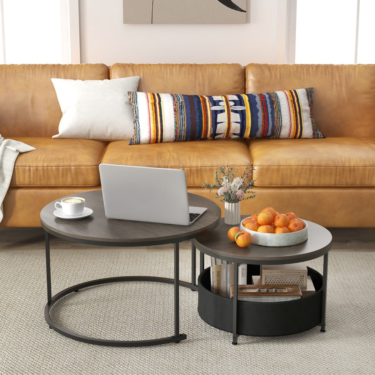 Round Coffee Table Set of 2 with Fabric Storage Basket and Metal Frame-Grey