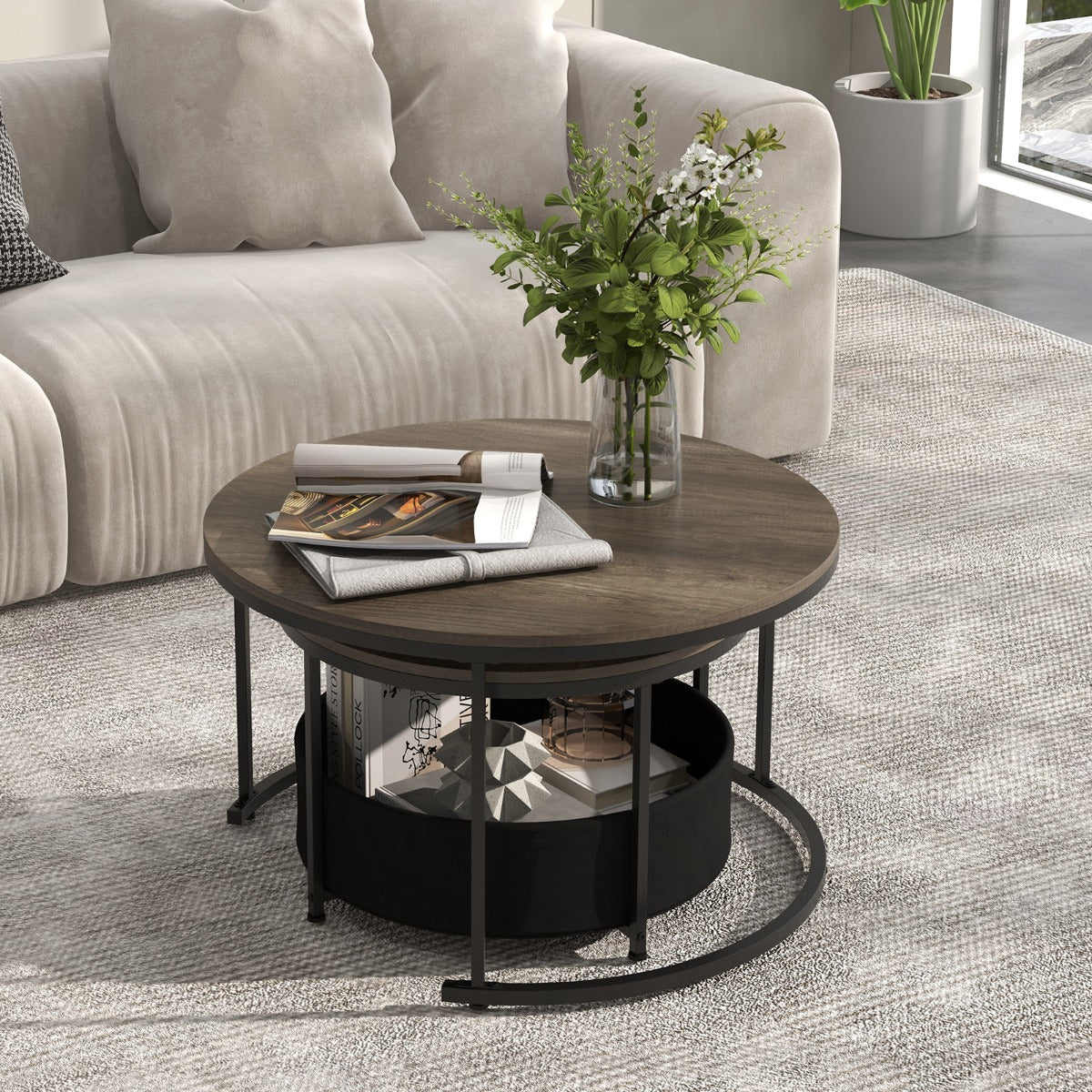 Round Coffee Table Set of 2 with Fabric Storage Basket and Metal Frame-Grey