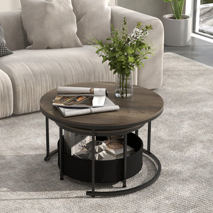 Round Coffee Table Set of 2 with Fabric Storage Basket and Metal Frame-Grey