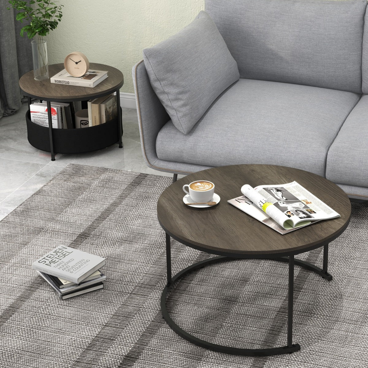 Round Coffee Table Set of 2 with Fabric Storage Basket and Metal Frame-Grey