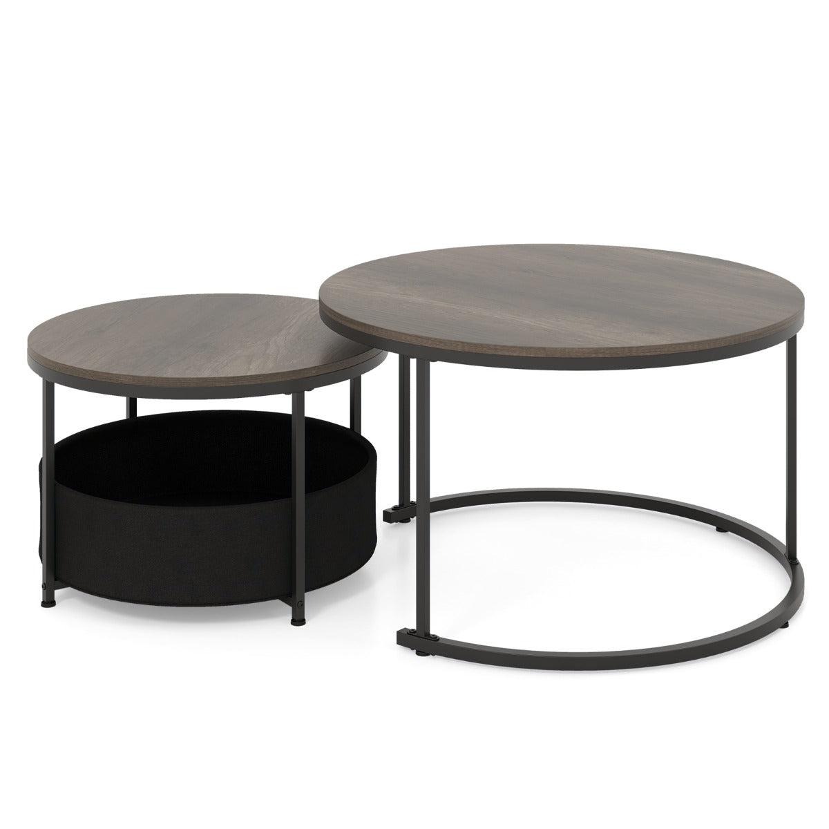 Round Coffee Table Set of 2 with Fabric Storage Basket and Metal Frame-Grey