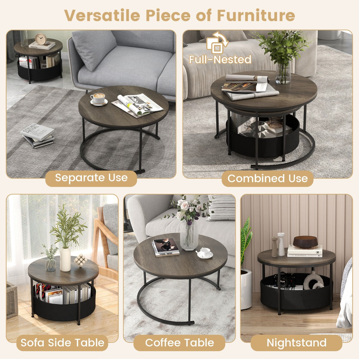 Round Coffee Table Set of 2 with Fabric Storage Basket and Metal Frame-Grey