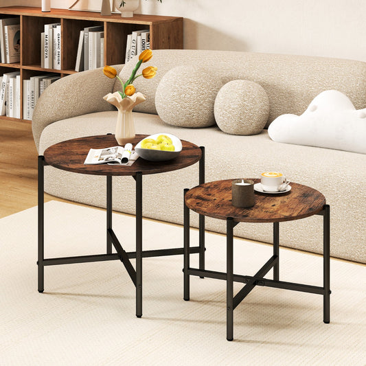 Round Coffee Table with Heavy-Duty Metal Frame for Living Room Set of 2-Rustic Brown