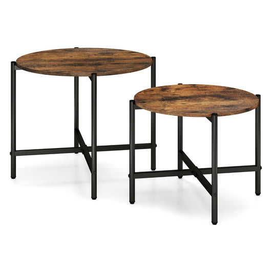 Round Coffee Table with Heavy-Duty Metal Frame for Living Room Set of 2-Rustic Brown
