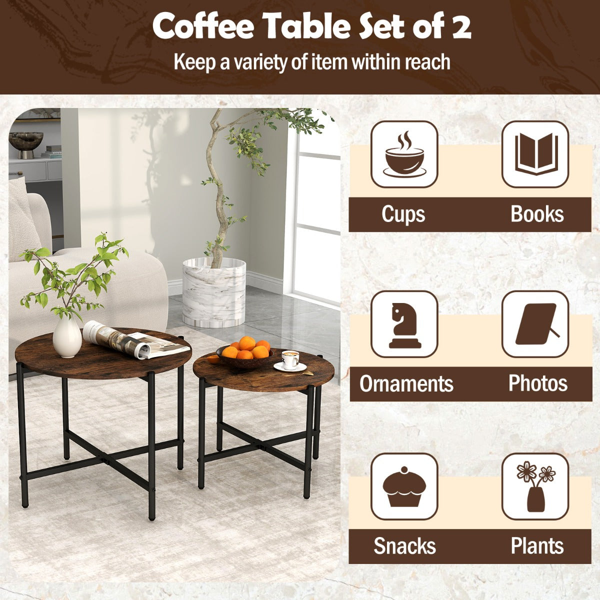 Round Coffee Table with Heavy-Duty Metal Frame for Living Room Set of 2-Rustic Brown