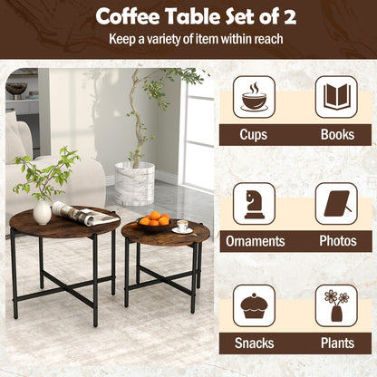 Round Coffee Table with Heavy-Duty Metal Frame for Living Room Set of 2-Rustic Brown