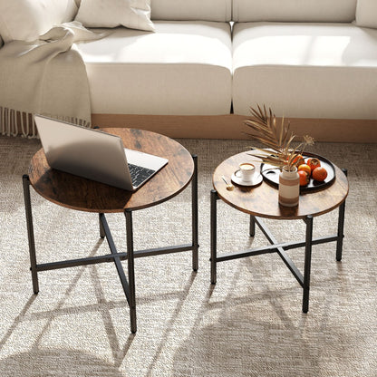 Round Coffee Table with Heavy-Duty Metal Frame for Living Room Set of 2-Rustic Brown