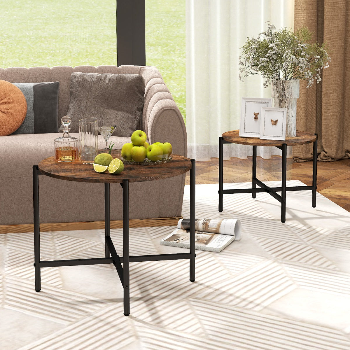 Round Coffee Table with Heavy-Duty Metal Frame for Living Room Set of 2-Rustic Brown