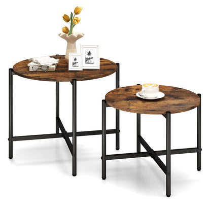 Round Coffee Table with Heavy-Duty Metal Frame for Living Room Set of 2-Rustic Brown