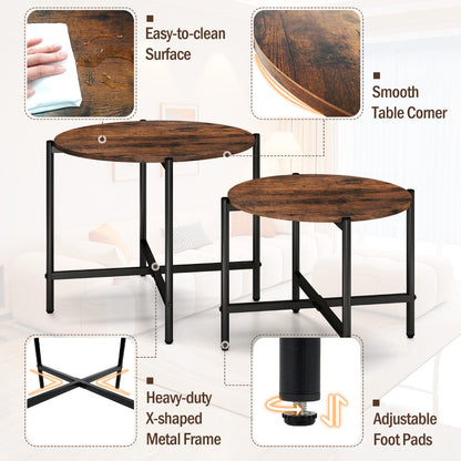 Round Coffee Table with Heavy-Duty Metal Frame for Living Room Set of 2-Rustic Brown