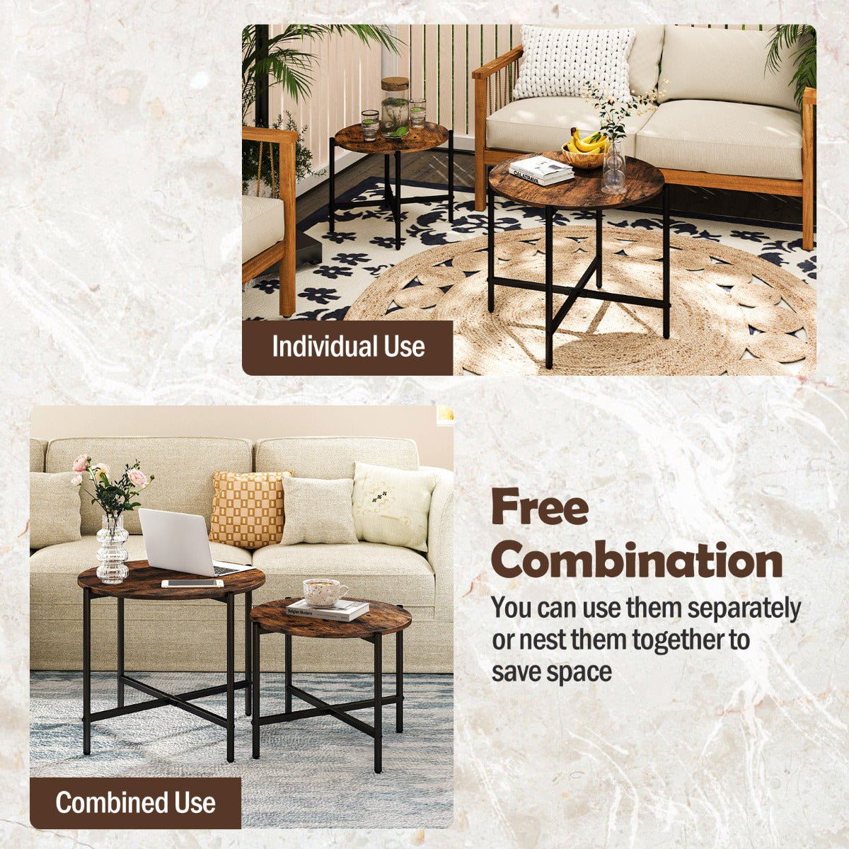 Round Coffee Table with Heavy-Duty Metal Frame for Living Room Set of 2-Rustic Brown