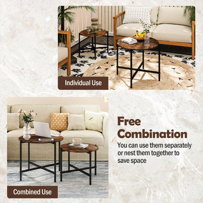 Round Coffee Table with Heavy-Duty Metal Frame for Living Room Set of 2-Rustic Brown