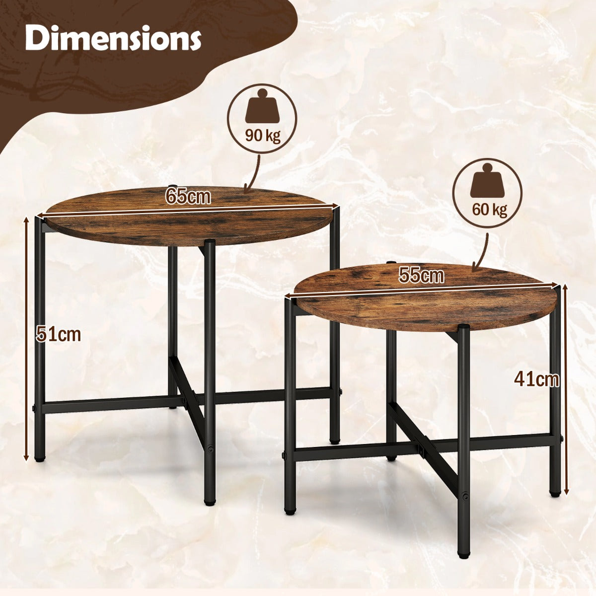 Round Coffee Table with Heavy-Duty Metal Frame for Living Room Set of 2-Rustic Brown