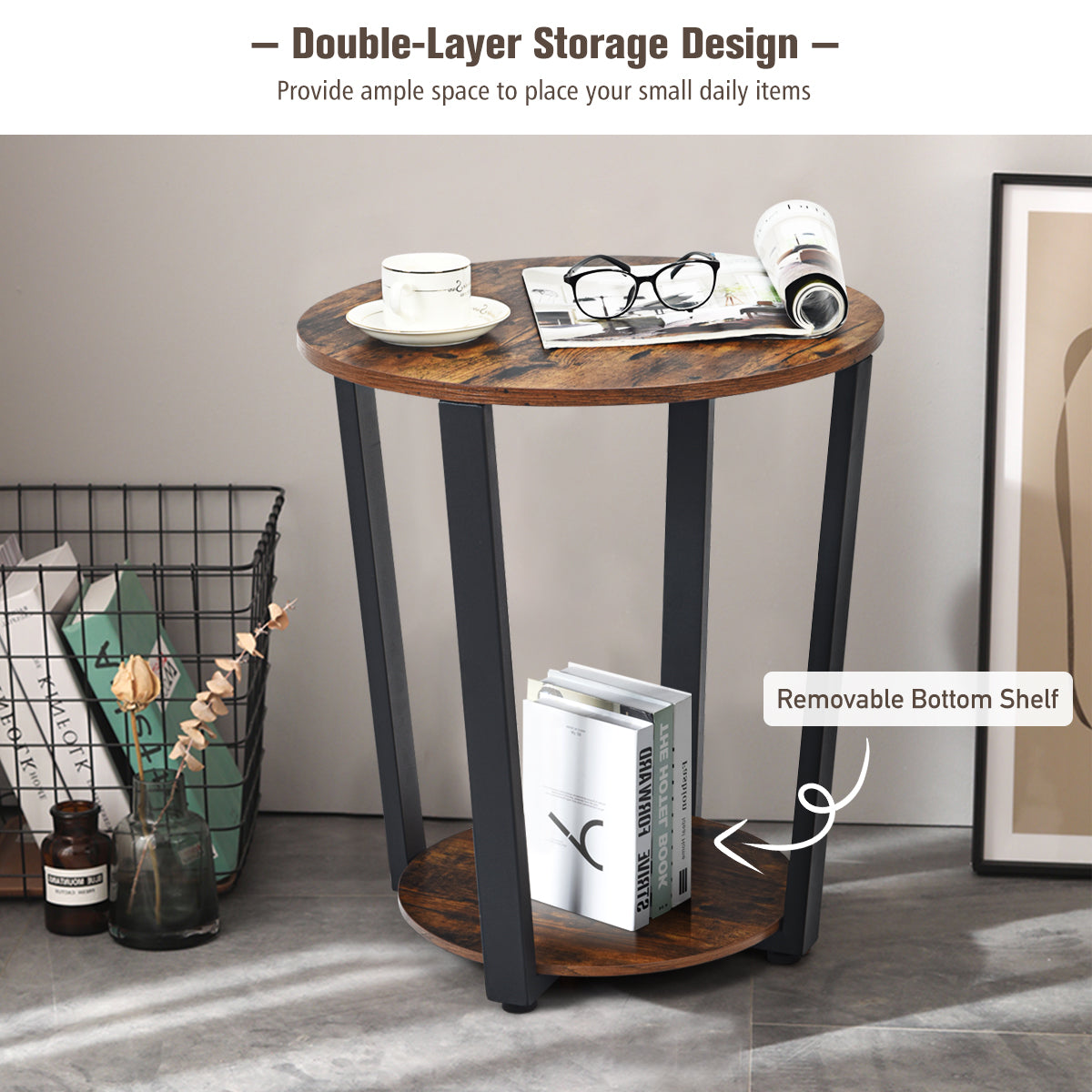 Round End Table with Storage Shelf for Living Room-Coffee