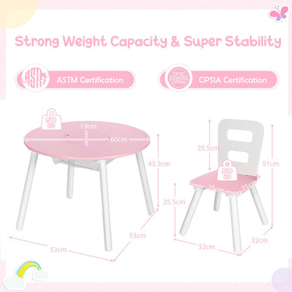 Costway 3 Piece Children Activity Table Set with Center Mesh Storage for Arts Crafts Meals and Study-Pink