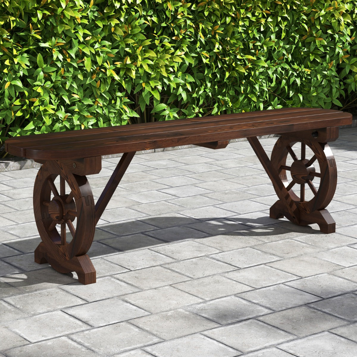 Distinctive wagon wheel base adds rustic elegance while supporting a stable outdoor seating structure