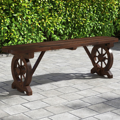 Distinctive wagon wheel base adds rustic elegance while supporting a stable outdoor seating structure