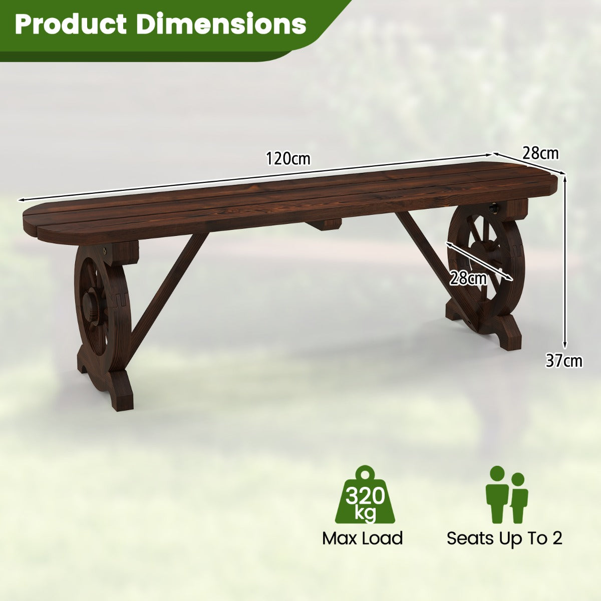 Carbonized fir wood outdoor bench with wagon wheel base and rustic brown finish for patios