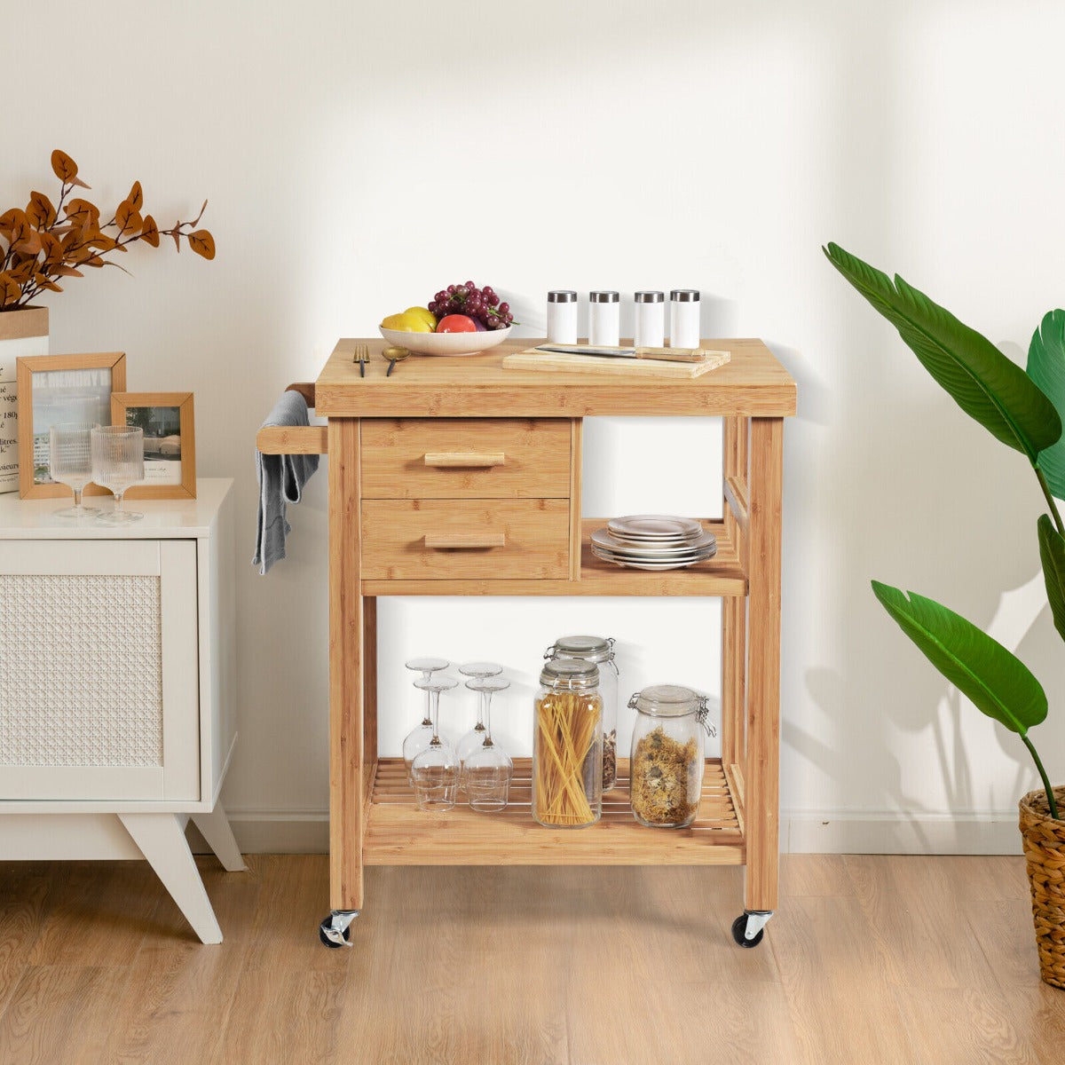 Rolling Bamboo Kitchen Island Cart with Drawers & Shelves for Dining Room