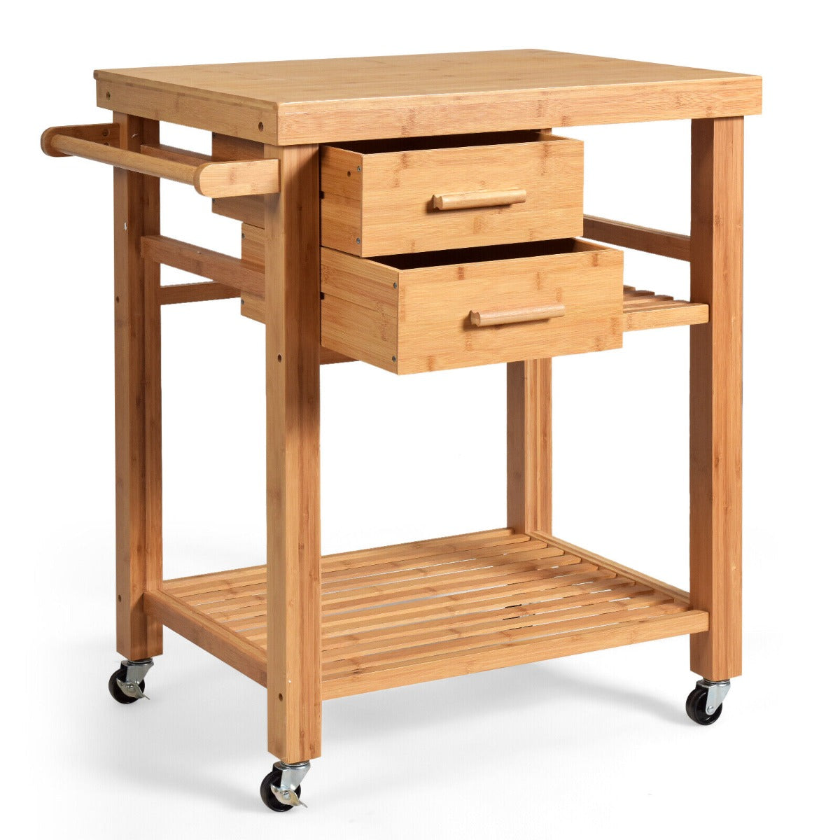 Rolling Bamboo Kitchen Island Cart with Drawers & Shelves for Dining Room